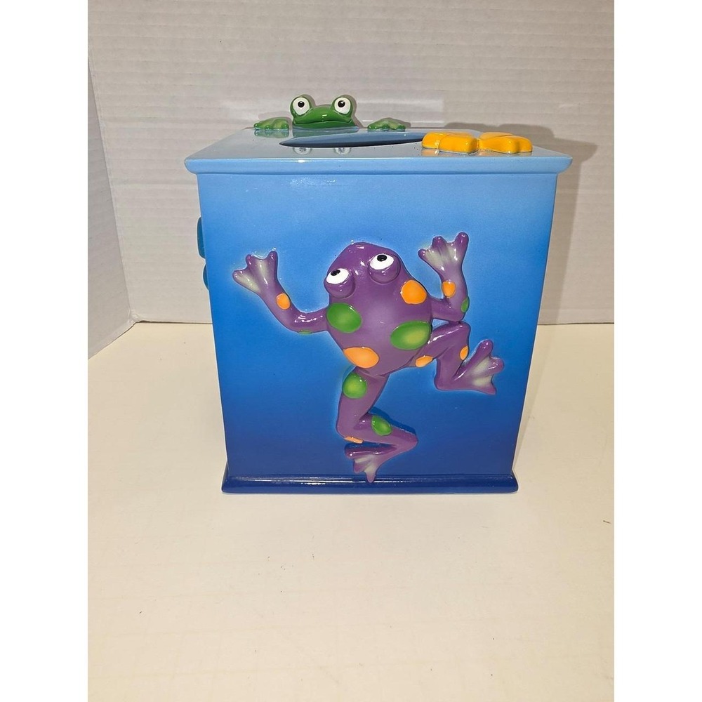 whimsical blue ceramic frog-themed tissue box vintage  frog